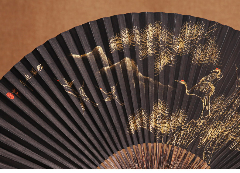 杭州王星记黑纸扇扇子 杭州星记黑纸扇子折扇中风男式全棕竹黑纸扇