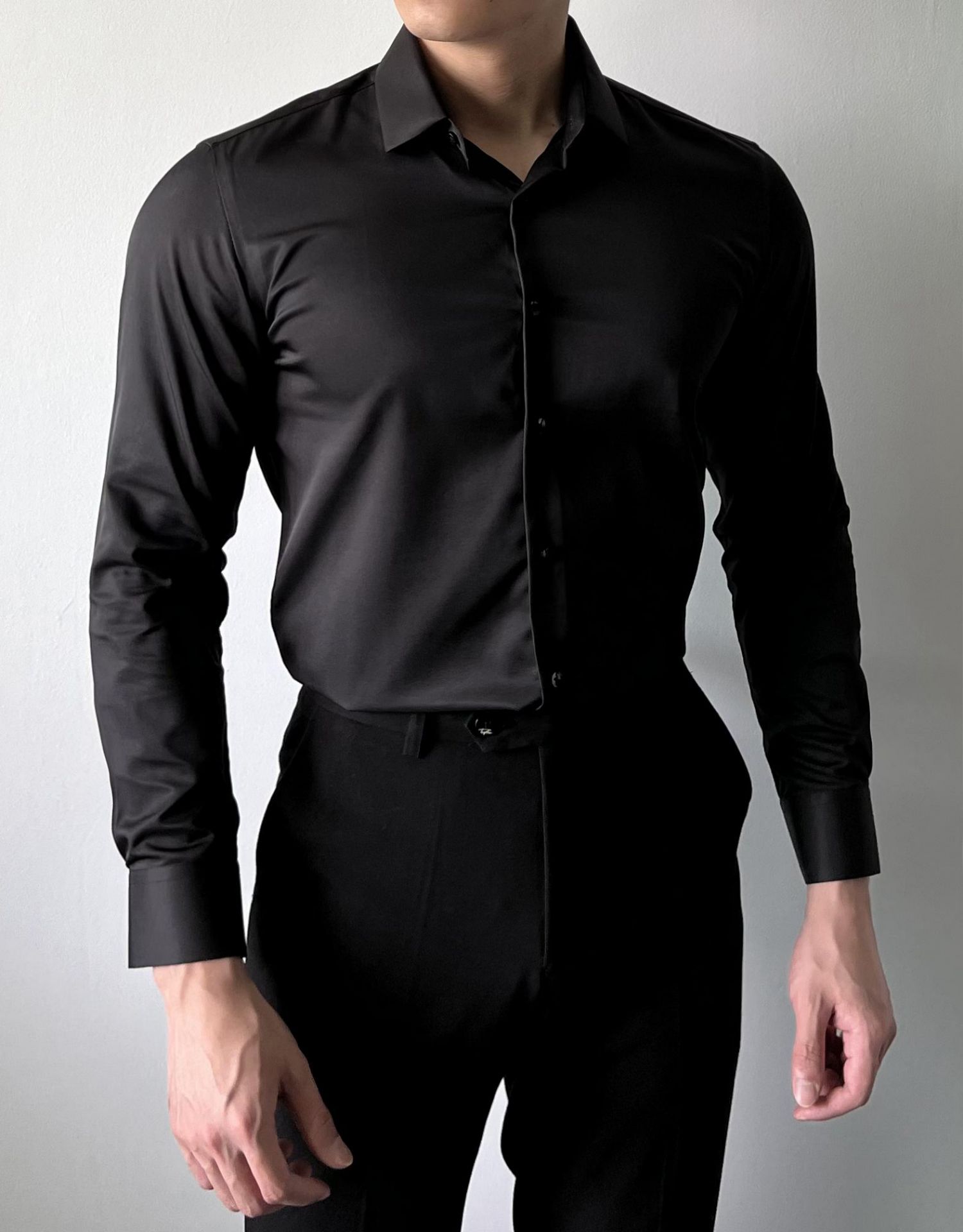 衬衫男士春秋休闲韩版修身肌肉商务正装高级免烫西装内搭尖领长-袖