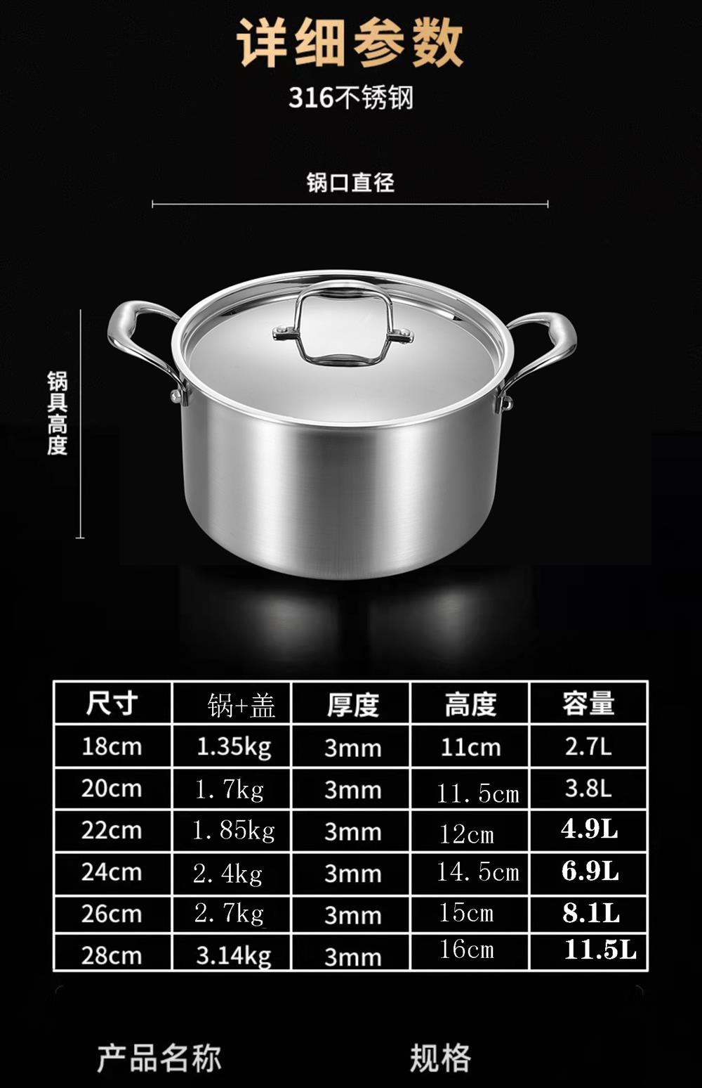 德国双立人316不锈钢无涂层汤锅食品级整锅5层钢一体型炖蒸锅煲汤 22