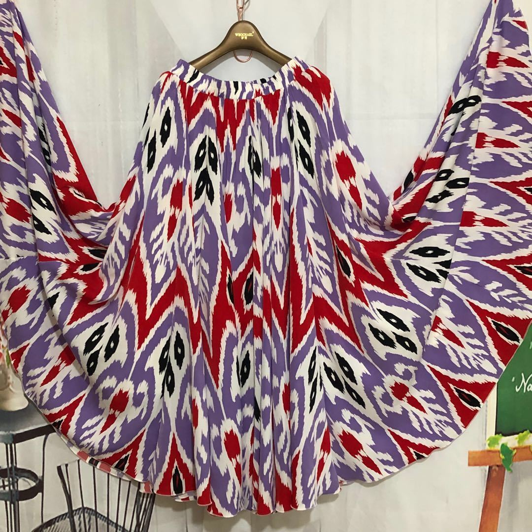 念墅 新疆舞蹈服装女新疆民族特色艾德莱斯720大摆裙 粉红色 裙长90