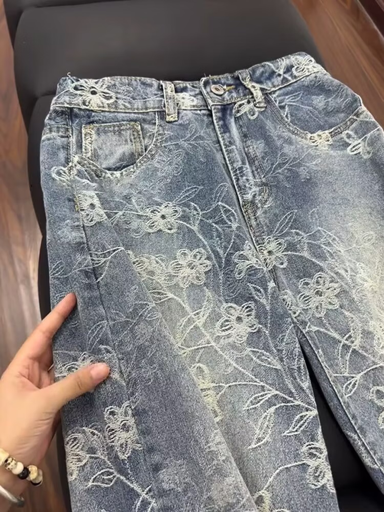 Bramble Jacquard Jeans Men's Autumn American Vintage Vibe Pants Washed Straight Casual Micro Scimitar Pants, Blue S_mkmklike.com