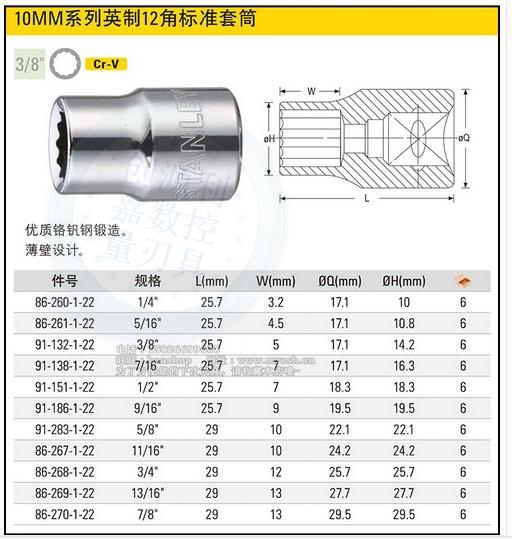 史丹利12角套筒3/8系列英制梅花套筒10mm梅花短套筒中飞套1/4-7/8 1/2