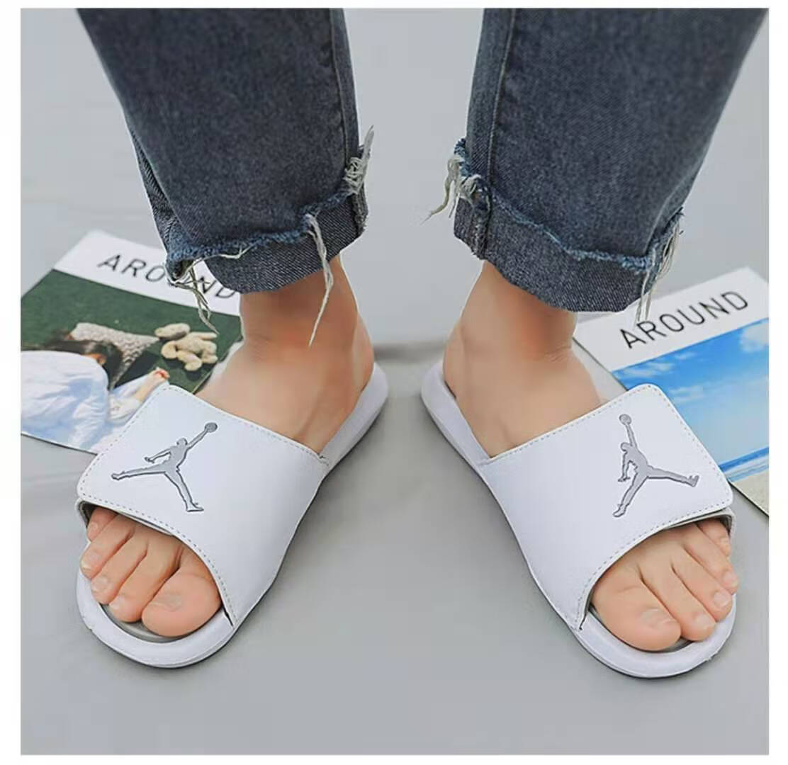 拖鞋乔6凉鞋男ins居家网红潮牌夏天情侣款篮球港风一字拖鞋乔六 白灰