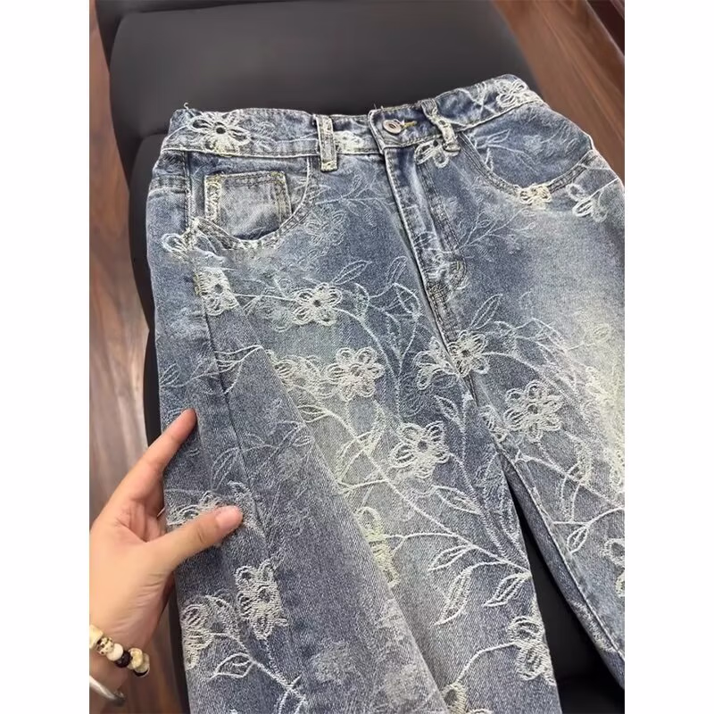 Bramble Jacquard Jeans Men's Autumn American Vintage Vibe Pants Washed Straight Casual Micro Scimitar Pants, Blue S_mkmklike.com