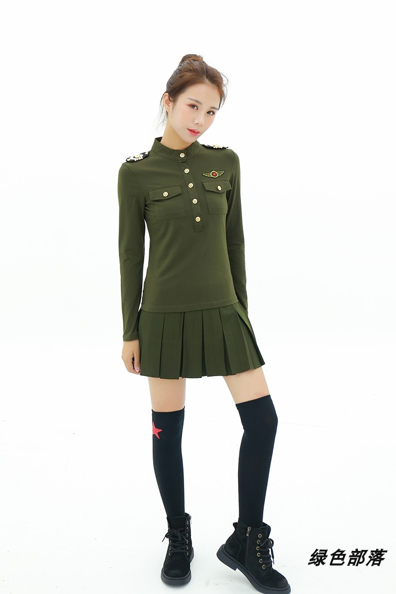 春季水兵舞服装立领恤女广场舞演出服上衣 军绿色(单件上衣) l