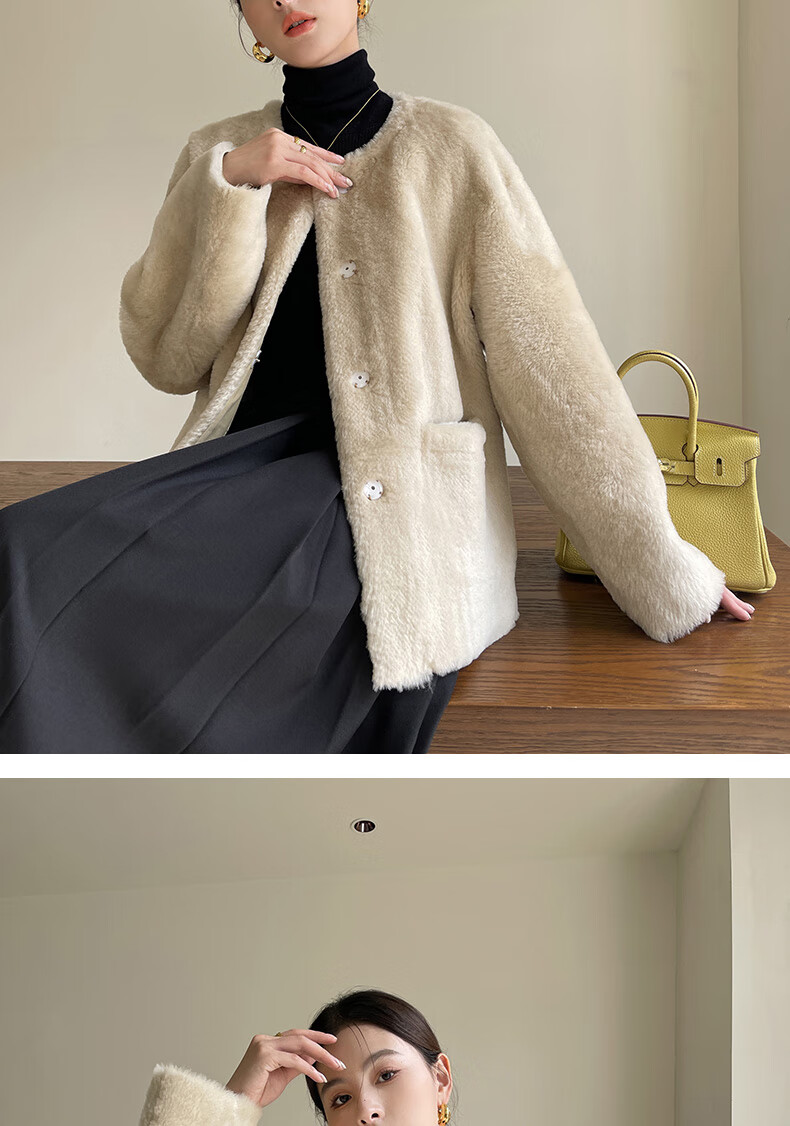 高端轻奢洛曼皮毛一体女短款2022冬季新款海宁羊羔毛宽l松皮草外套