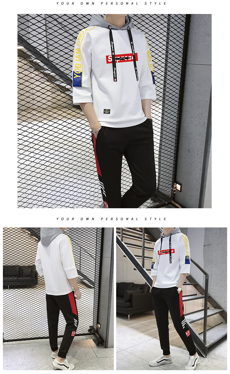 新款七分袖套装韩版潮流一套衣服潮牌五分袖以黑纯色 白色 suplongmai