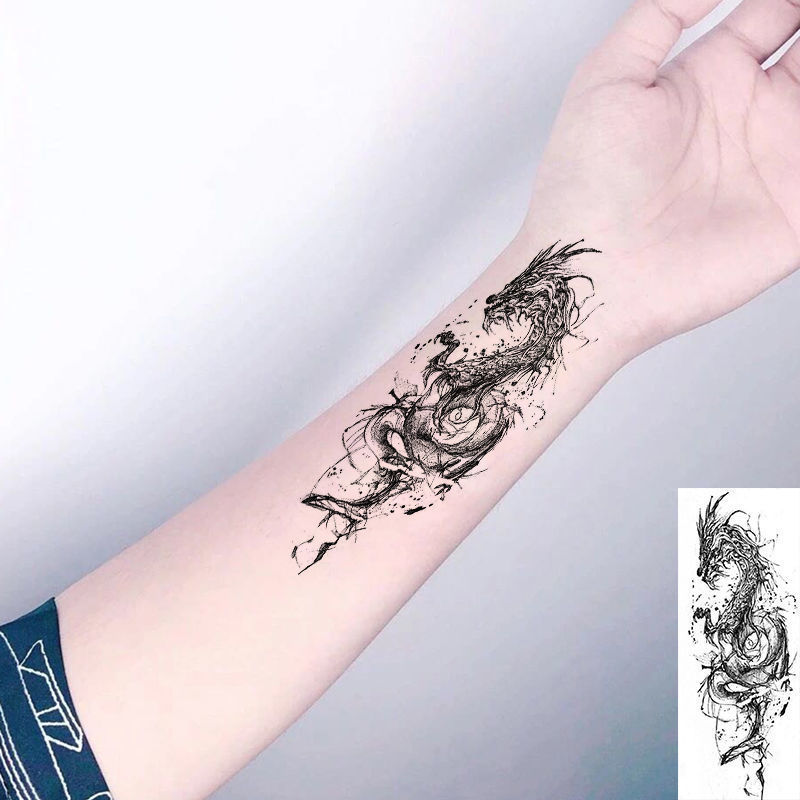 泼墨龙手腕男女纹身贴ins风手臂遮疤防真防水暗黑龙几何图案 太阳图腾