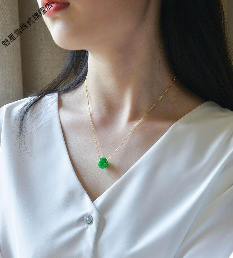 绚慕专柜翡翠干青玉石项链路路通吊坠锁骨链女14mm大款福路通坠子链子