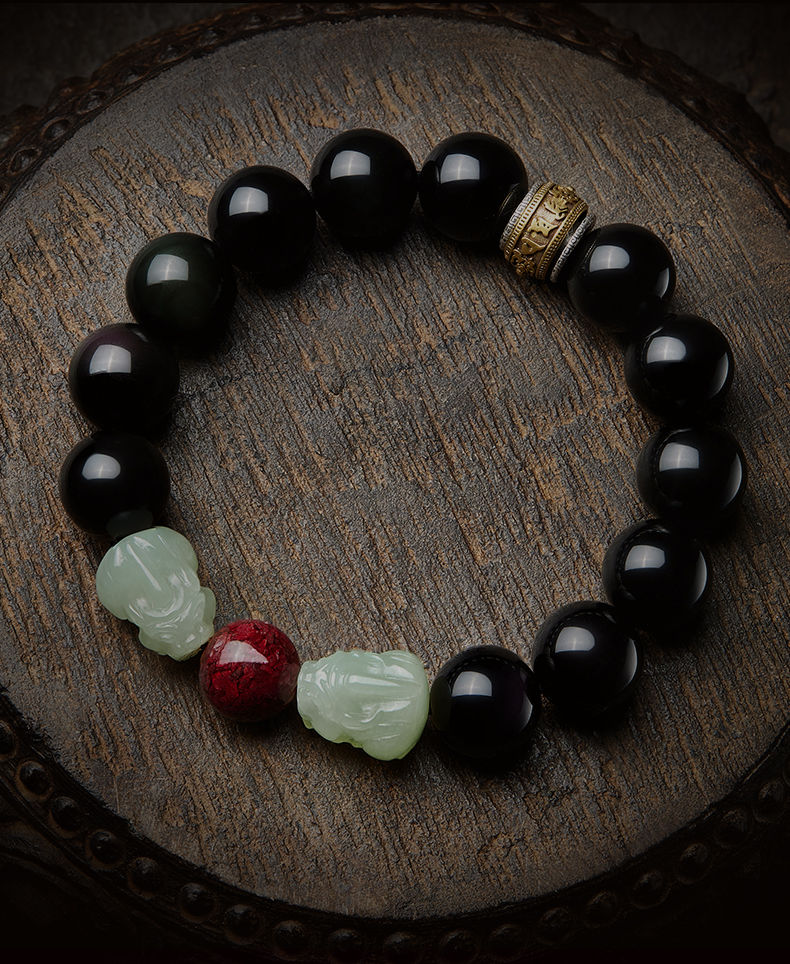 古珍 双貔貅黑曜石手链男和田玉朱砂手串佛珠皮丘转运珠玉石饰品男友
