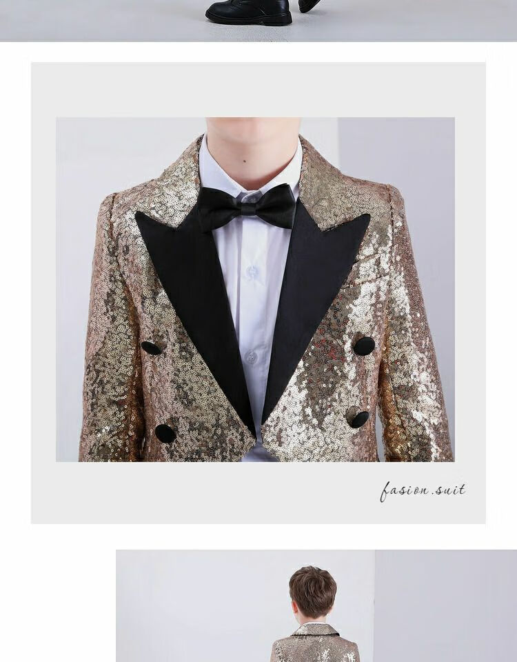 诗迪仕高端钢琴比赛演出服 男童2021新款金色燕尾服时尚指挥套装钢琴