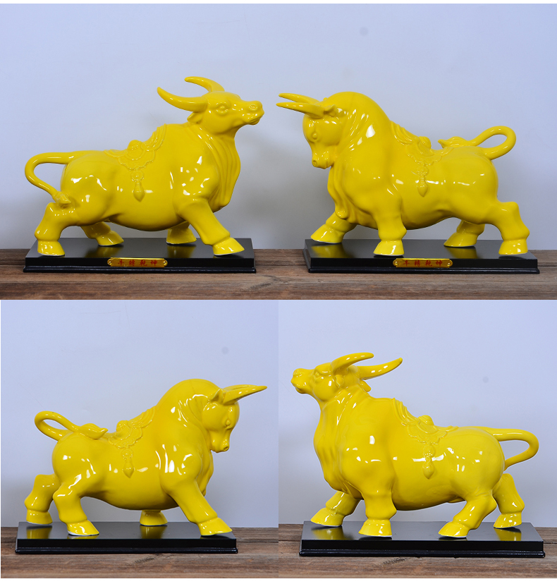 陶瓷十二生肖黄色牛摆件旺财补角黄牛瓷器水牛工艺品 纯黄色一对