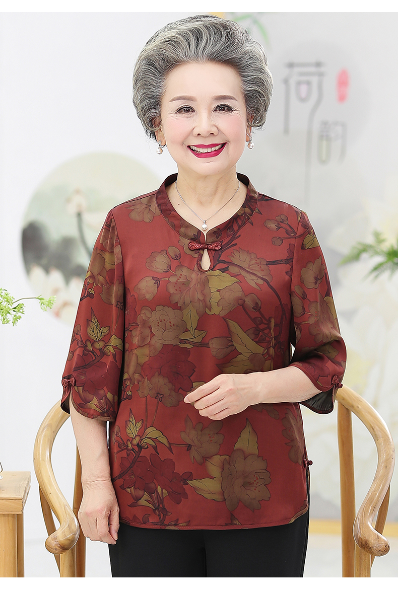 老年人女装夏装真丝衬衫妈妈套装太太衣服奶奶桑蚕丝上衣香云l19196