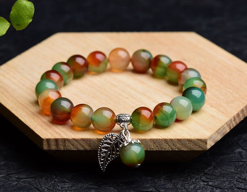 莆匠人 5a孔雀玛瑙手链 女款藏银树叶配件水晶手串首饰送女友礼物生日