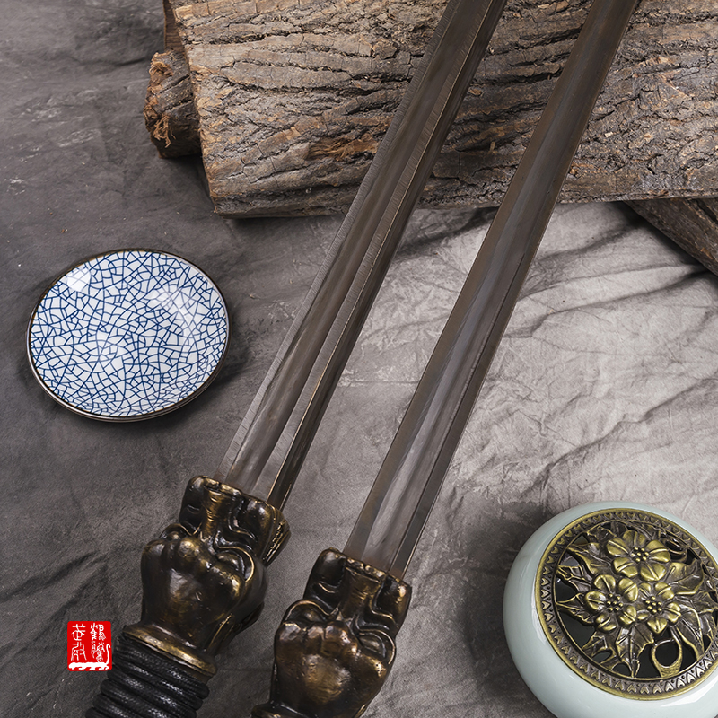 秦琼凹槽双锏 实心钢制鞭锏 武术练习表演收藏摆设 单锏:1只 送架子