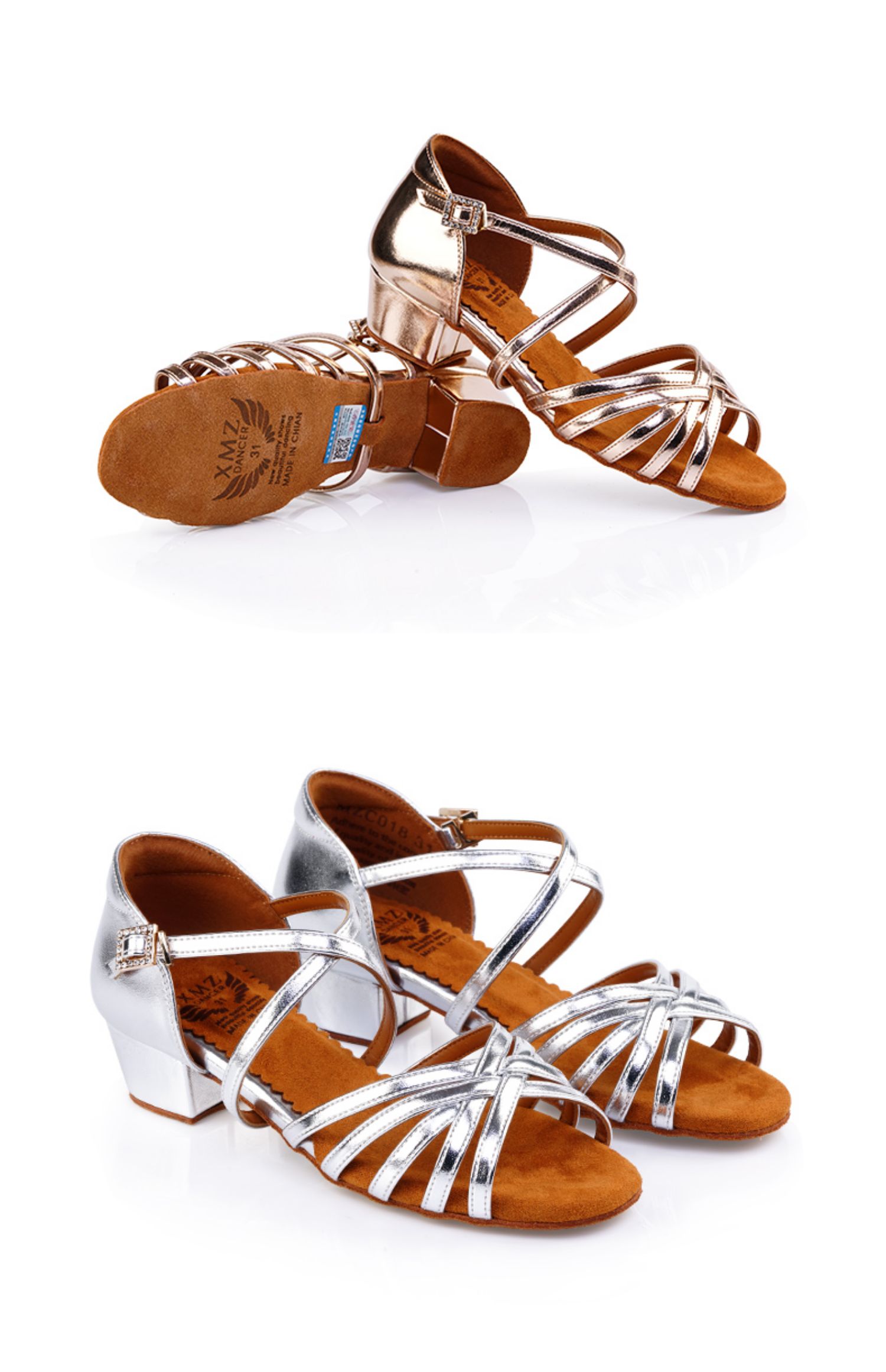 贝·蒂专业女童拉丁舞鞋儿童女孩中低跟跳舞鞋软底练功白色舞蹈鞋