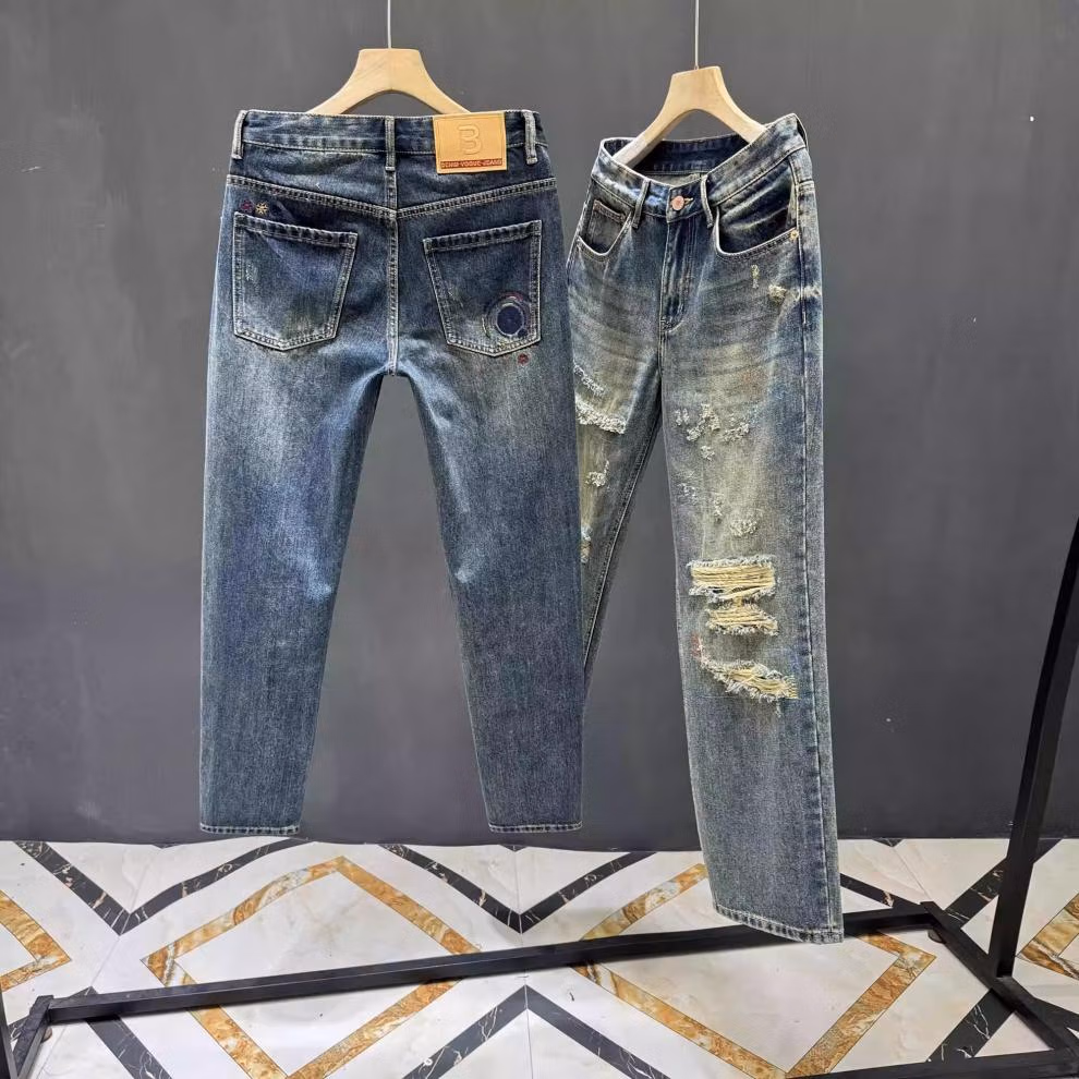 Men's Blue Ripped Patch Jeans American Retro Style Straight Fit_voghion.com