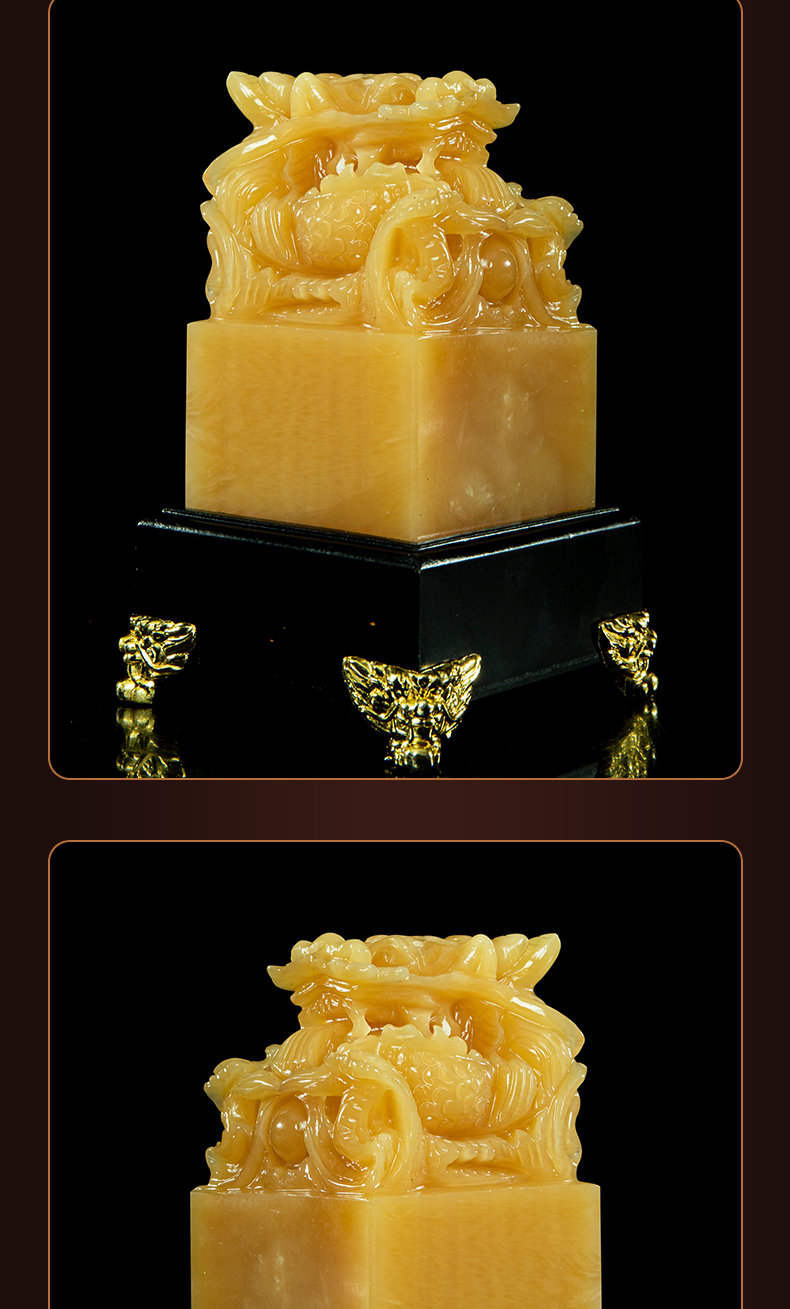 手工雕刻天然米黄玉摆件九龙玉玺龙印刻字印章书房办公室送礼佳品 12