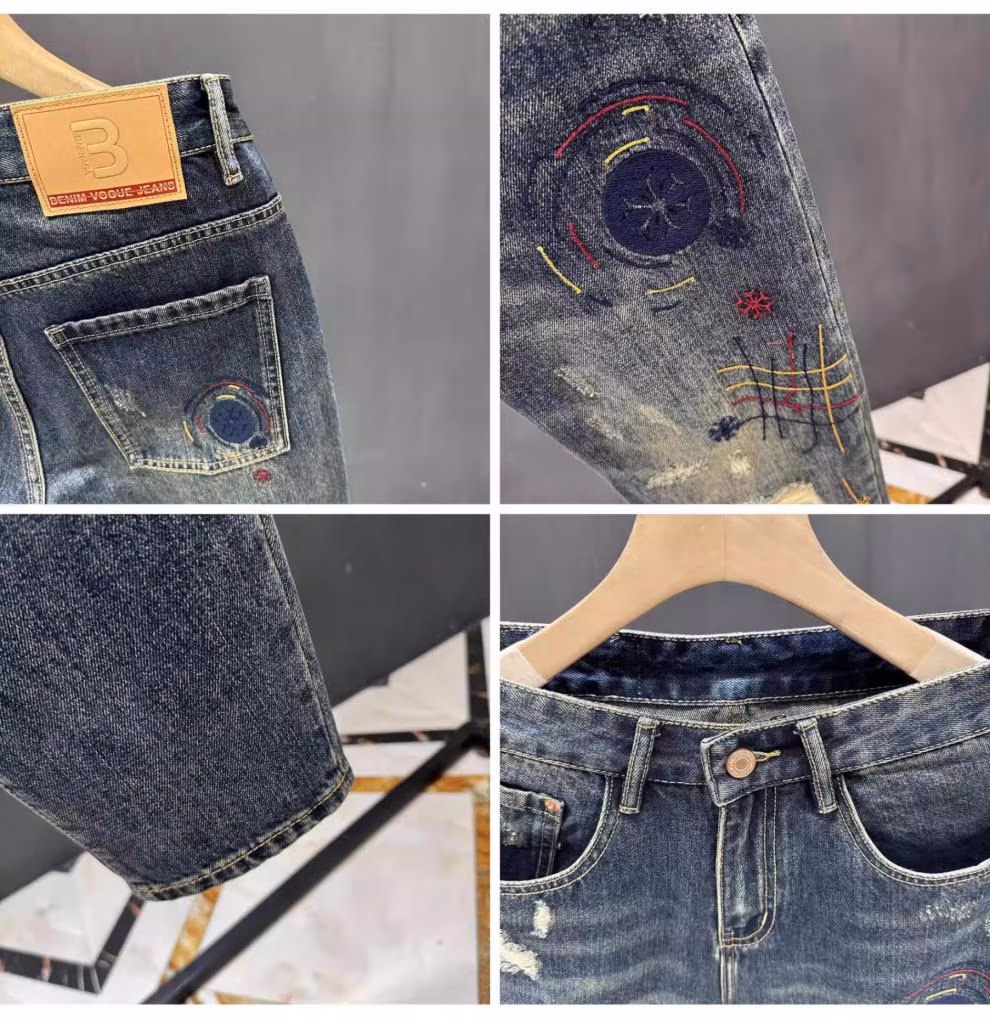 Men's Blue Ripped Patch Jeans American Retro Style Straight Fit_voghion.com