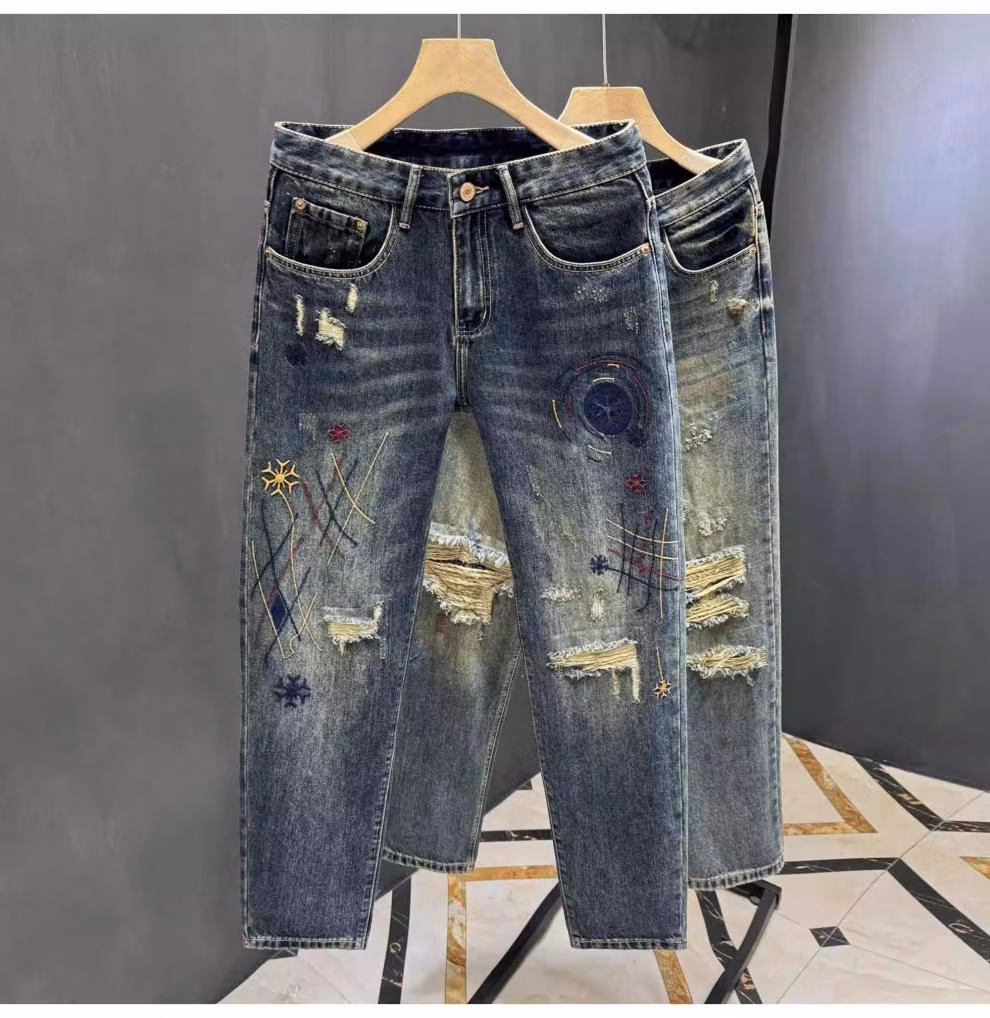 Men's Blue Ripped Patch Jeans American Retro Style Straight Fit_voghion.com