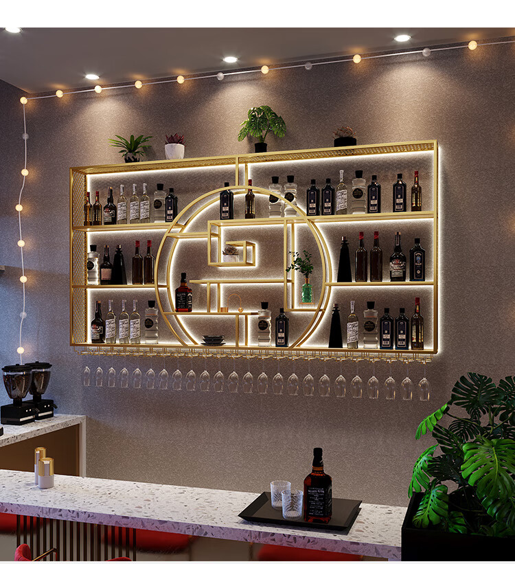 墙上酒柜壁挂圆形酒架铁艺酒吧酒柜发光展示架墙上餐厅挂墙红酒杯子b