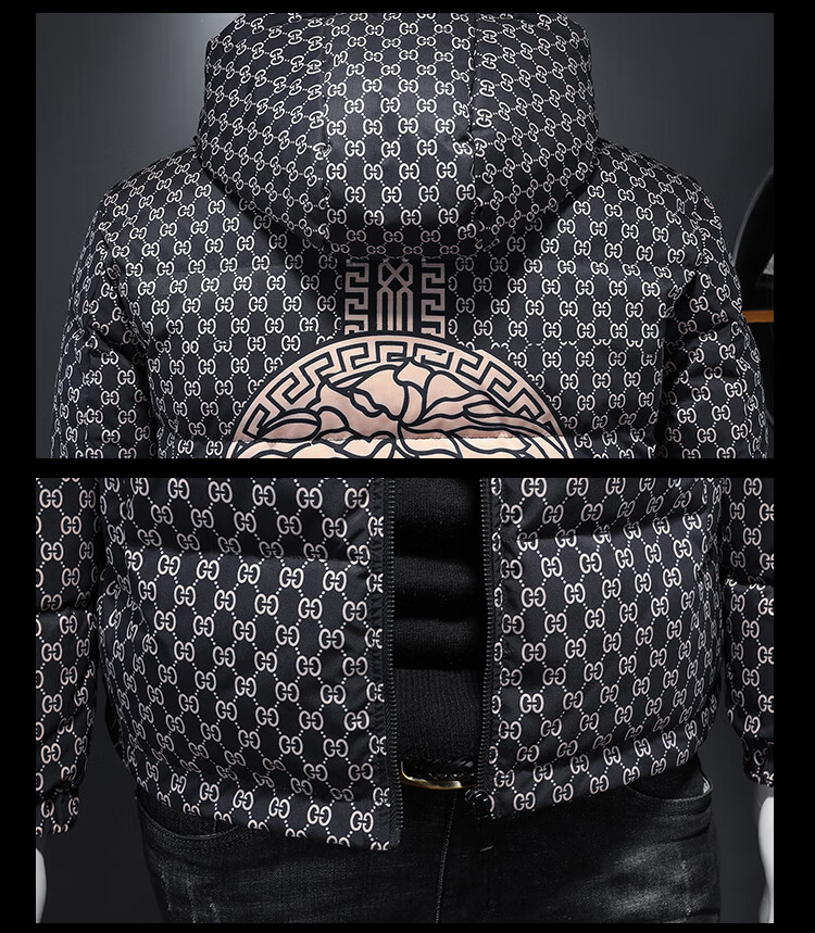 其欧洲站冬季连帽羽绒服男社会人休闲风个性印花瓦萨琪外套男装潮牌