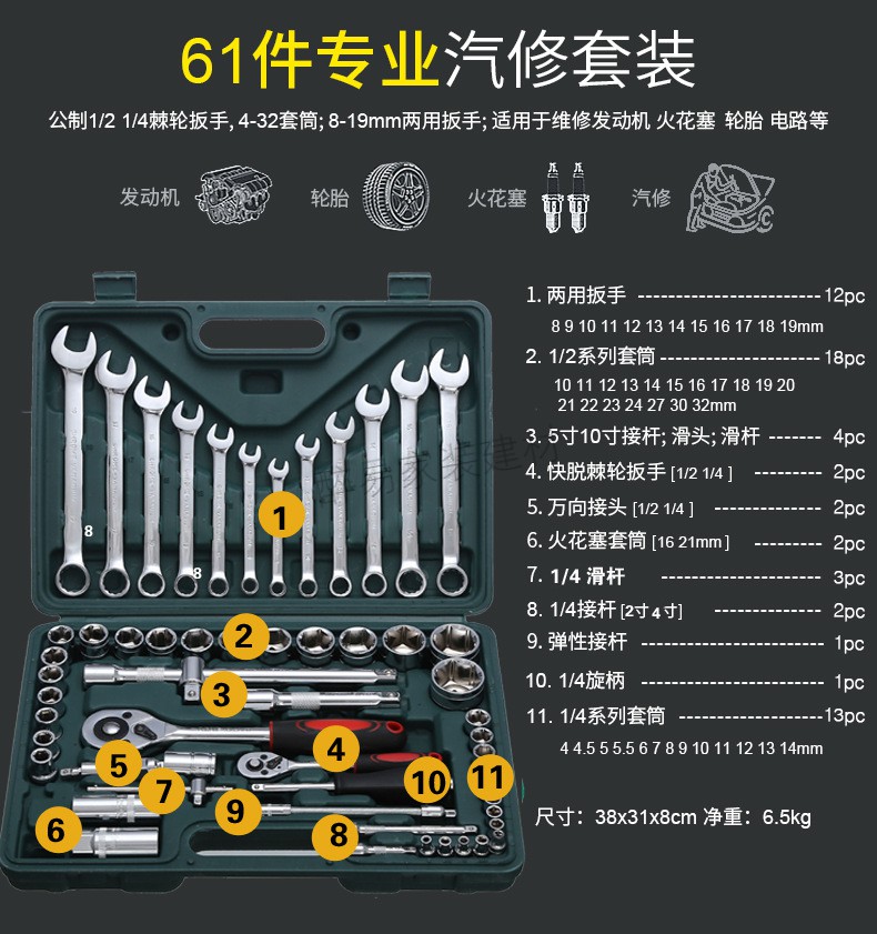 汽修组合套装工具汽保车载46/121件套筒 汽车维修套装组套 汽车维修