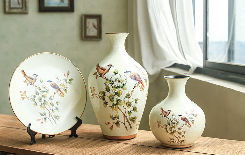 美式复古花鸟陶瓷三件套家居装饰品客厅玄关摆件酒柜工艺品摆设 花鸟