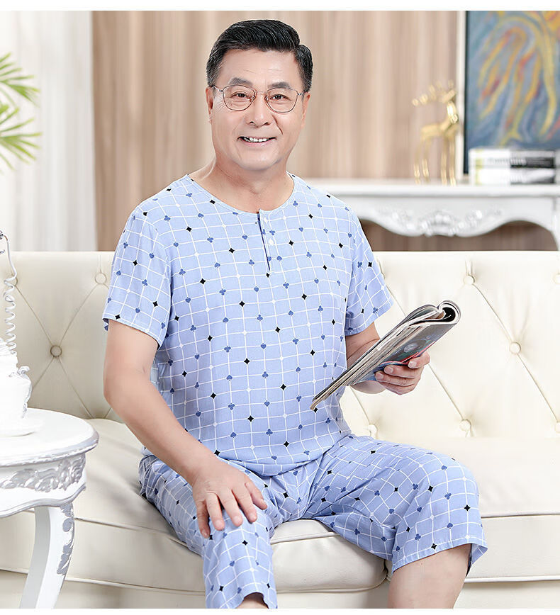 常缕竺中老年棉绸套装老人睡衣男短袖睡裤夏天家居服爸爸人造棉外出