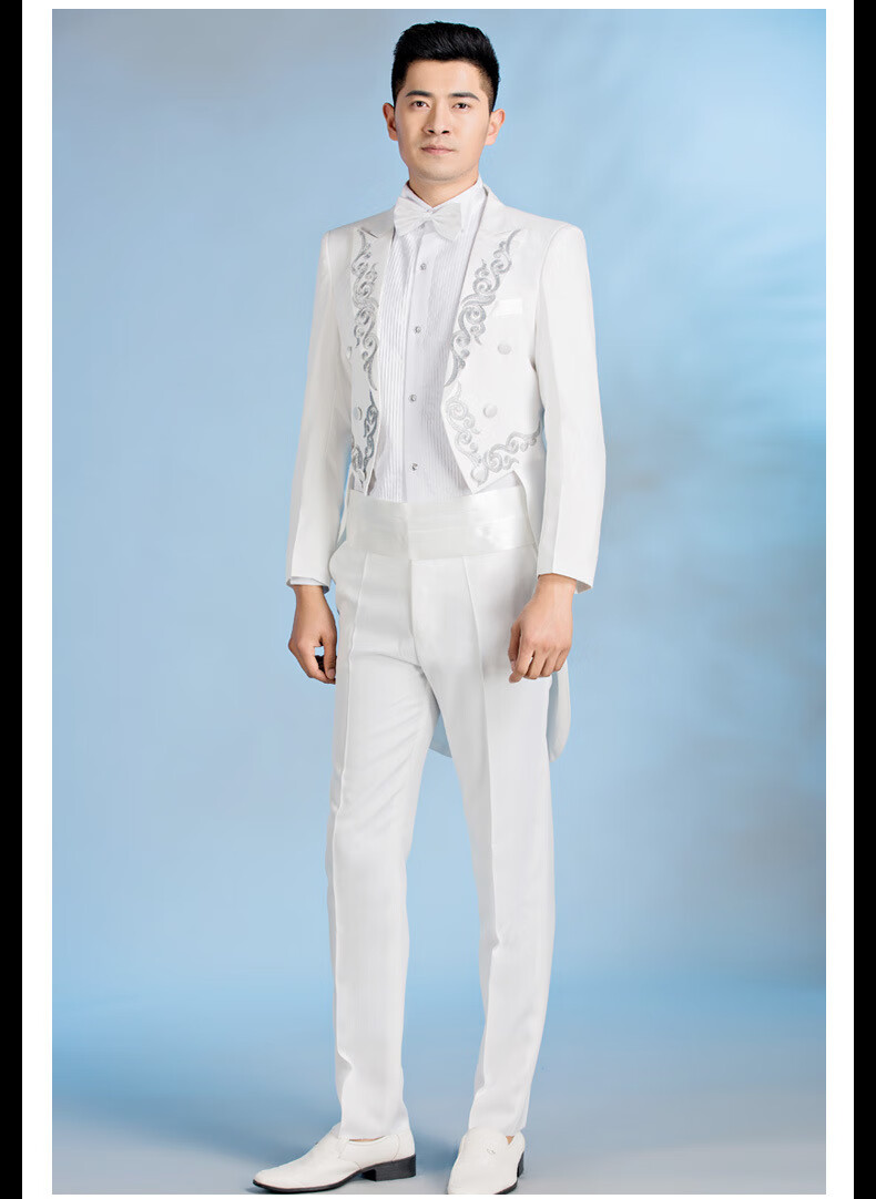 歌手演出服装套装男定制男士合唱团主持人舞台绣花西装礼服 白色花边2
