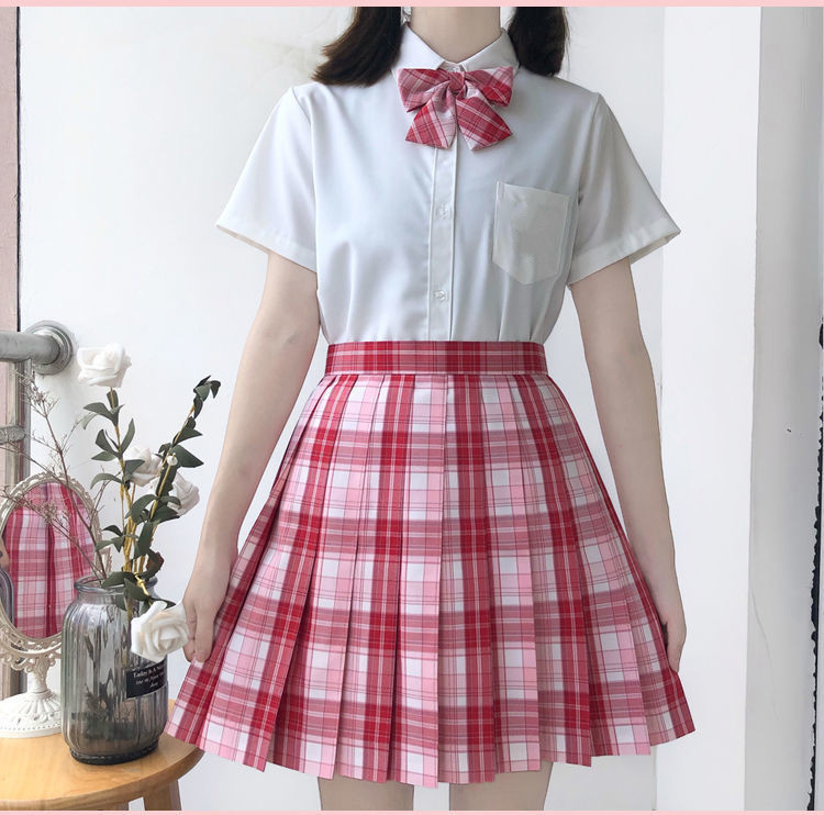 原创设计jk制服格裙短裙女百褶裙学院风学生半身裙粉色格格子裙 冰点