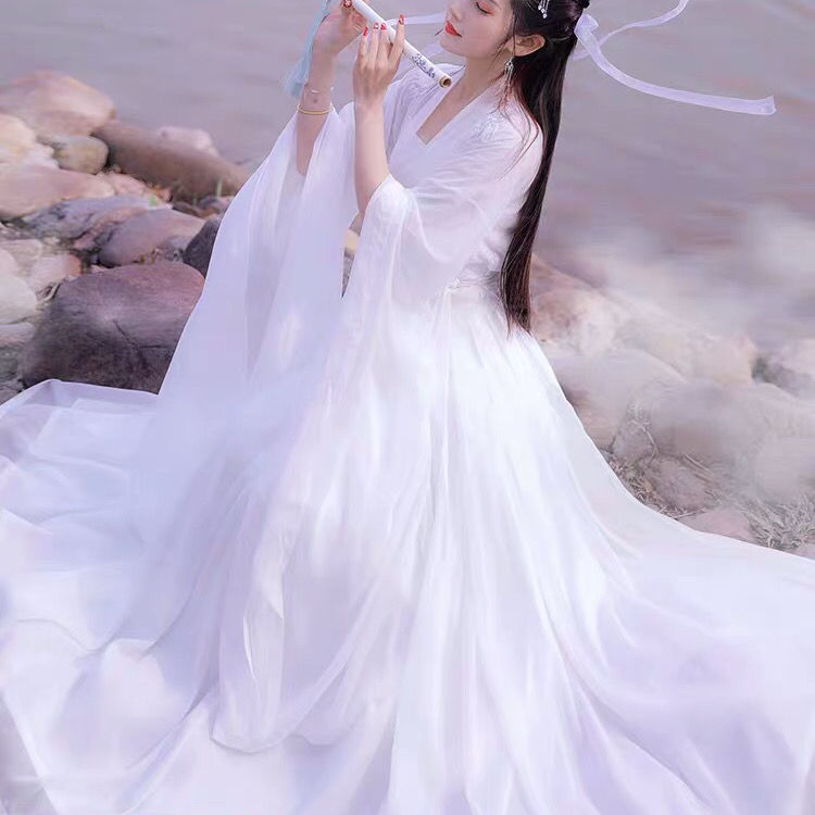 琴怡 广袖流仙裙汉服女中国风白色连衣裙齐腰古装广袖流仙裙春秋夏季