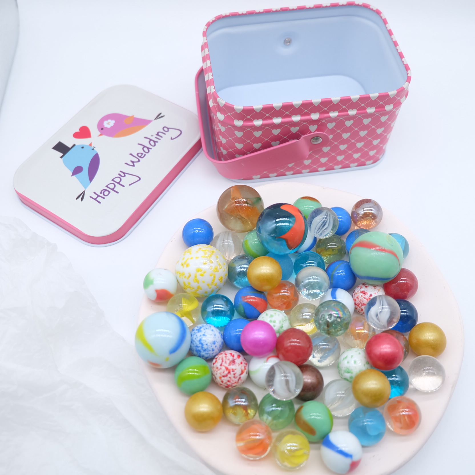 怀旧玩具多彩弹珠铁盒装儿童礼物玩具16mm玻璃球装饰玻璃珠溜溜弹