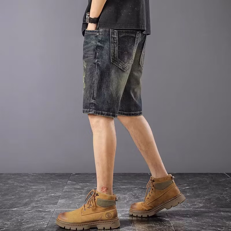 American Retro Denim Shorts Men's 2026 Summer Thin Ripped Scratched Design Handsome Casual Five-point Pants, Blue 28_mkmklike.com