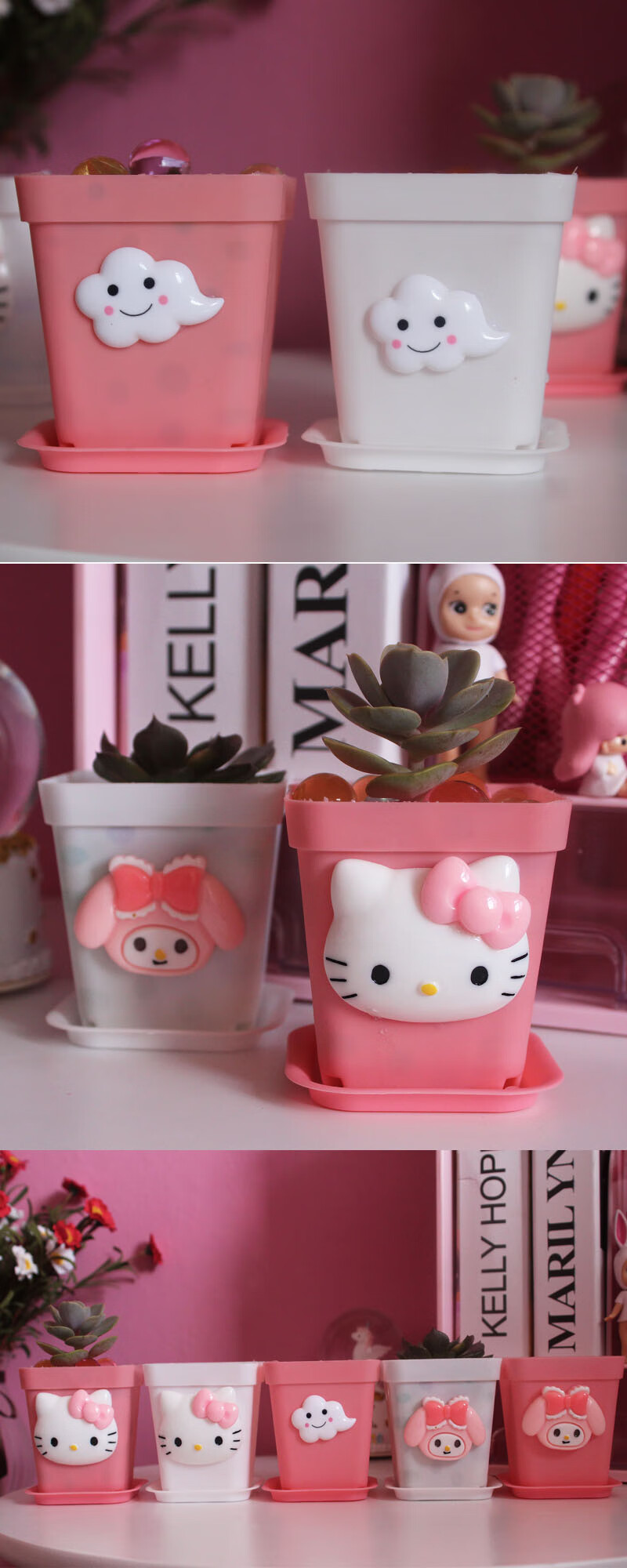 少女心粉色花盆方形带拖盆栽植物花盆多肉 粉色猫(小花盆) 口径6.