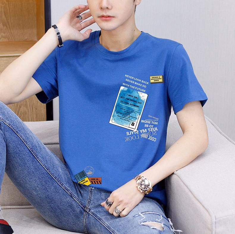 Ice Silk Thin Short-sleeved T-shirt Men's Summer Pure Cotton Teen Handsome Half-sleeved Summer Clothes T9902 Blue 2XL_viptrois.com