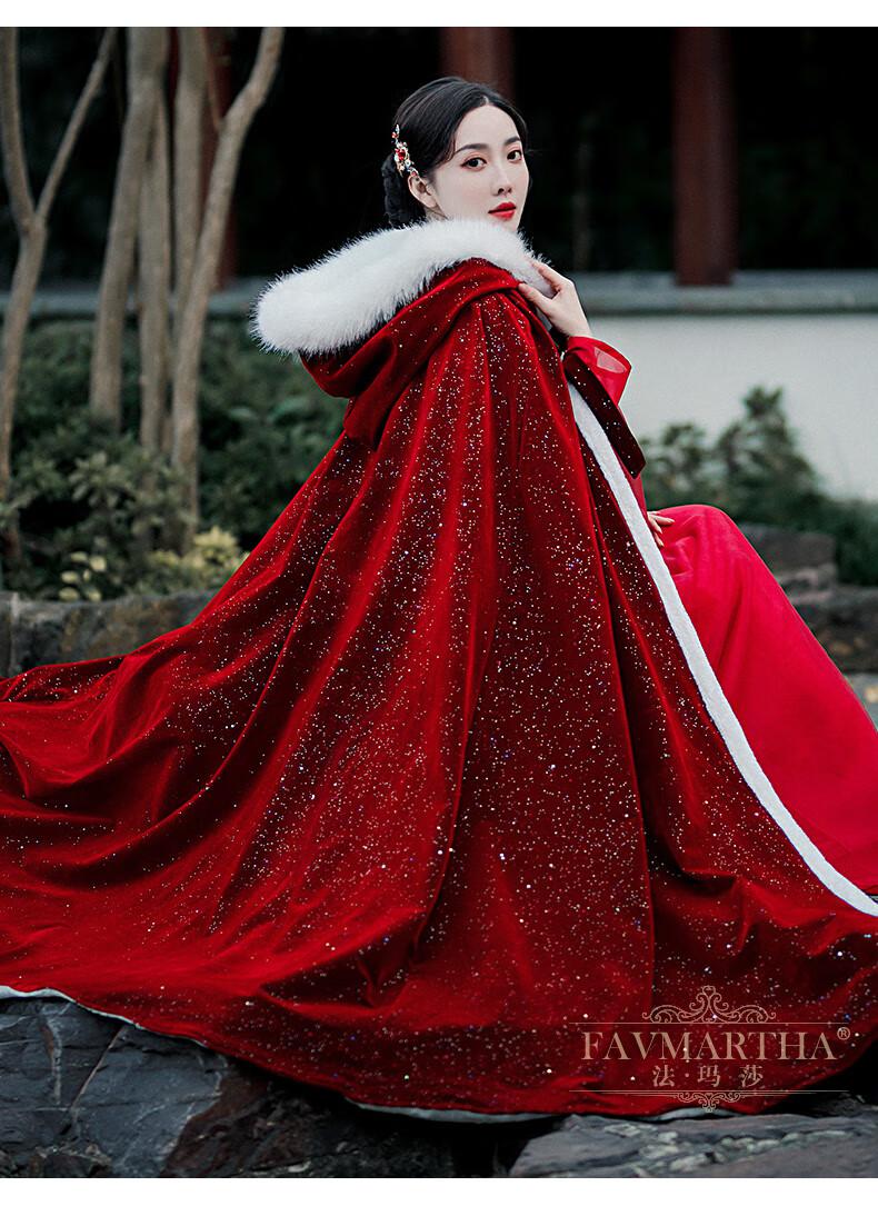 法玛莎品牌女装酒红色斗篷汉服女中国风毛领加绒加厚披风古装古风披肩
