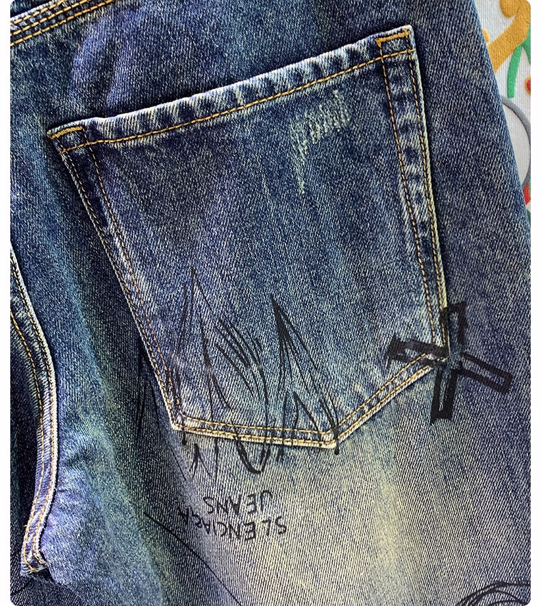 American Retro Jeans Men's Loose Casual Straight-leg Pants Trendy Brand Niche Graffiti Print Tapered Long Pants, Blue 28_viptrois.com