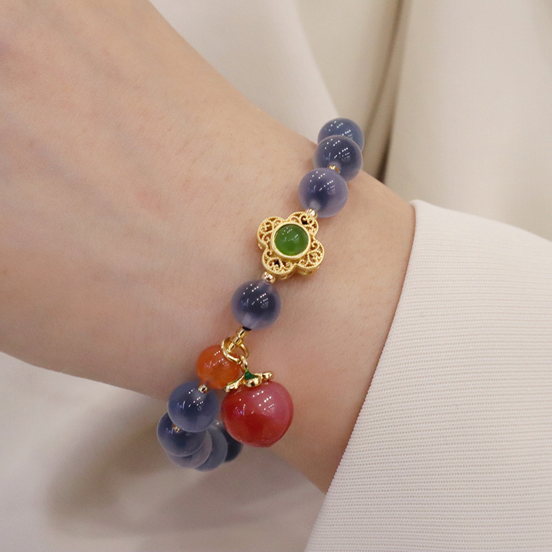 元捷 糖心玛瑙手链蓝色玛瑙手串盐源玛瑙桃子吊坠手饰品 双圈蓝色糖心