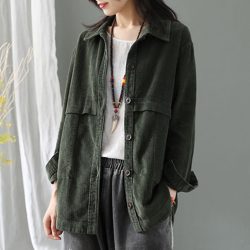 灯芯绒外套女2019秋装新款韩版复古条绒外套休闲开衫宽松短款上衣