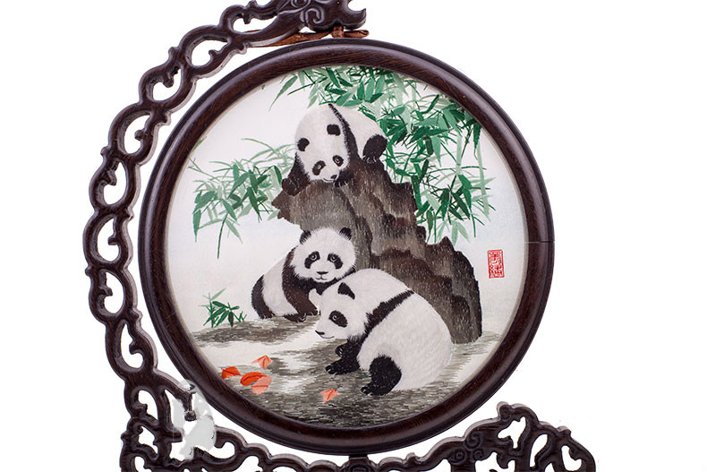 蜀绣刺绣双面绣摆件熊猫成都特色手工艺双面绣鸡翅木国宝会议商务外事