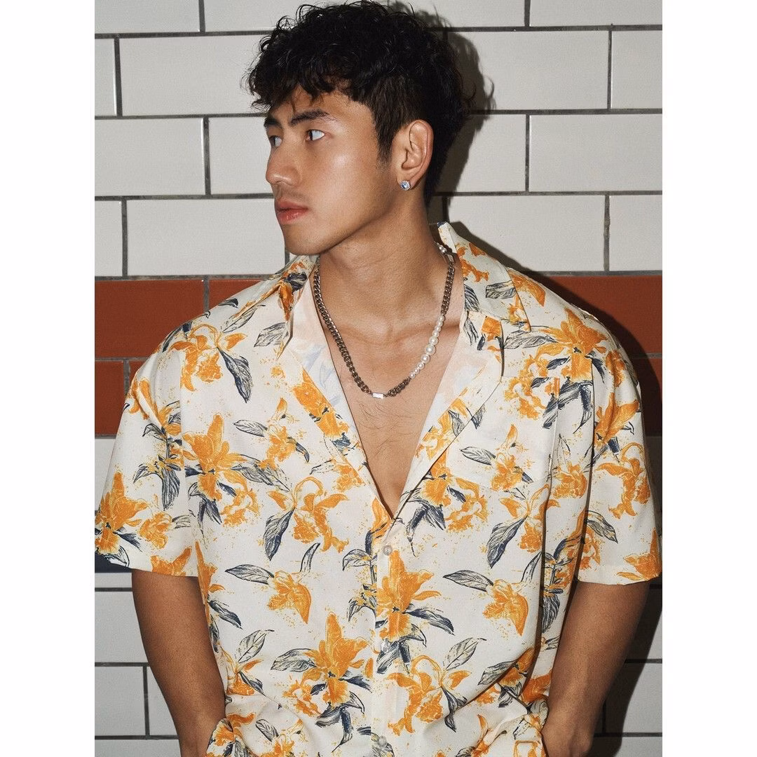 Casual Loose Retro Men's And Women's Short Sleeve Trend Shirt Hawaiian Summer Beach Couple Shirt, Orange M Recommended 95-55 Kg_viptrois.com