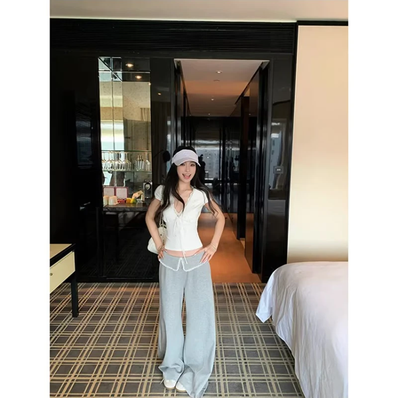 Jingduomeng Pure Desire Style Sexy Deep V short-sleeved T-shirt Women's summer lace Lace Tie Slimming Hot Girl Figure-hugging waist top White XL (105-115 pounds) thumbnail 4