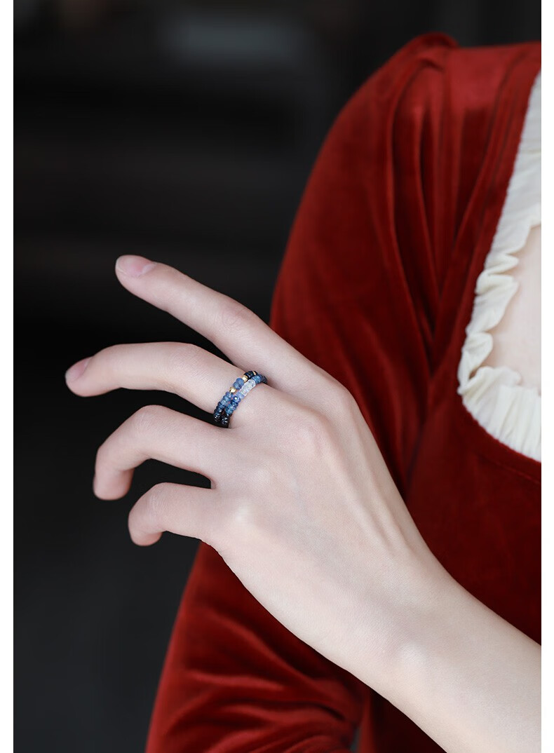 彩色蓝宝石戒指 女18金黄金彩宝首饰 多层尾戒礼物 送女朋友 蓝宝石