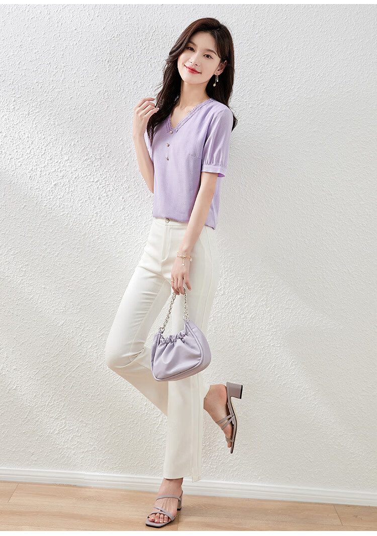 熙世界2022夏款丁香紫蕾丝花边v领雪纺衫女温柔风仙高端上衣丁香紫m