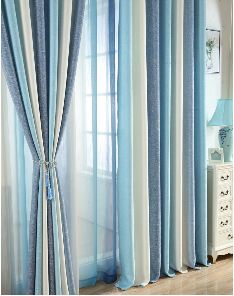 地中海风格遮光棉麻条纹窗帘卧室客厅北欧窗帘布成品简约现代 定制 要