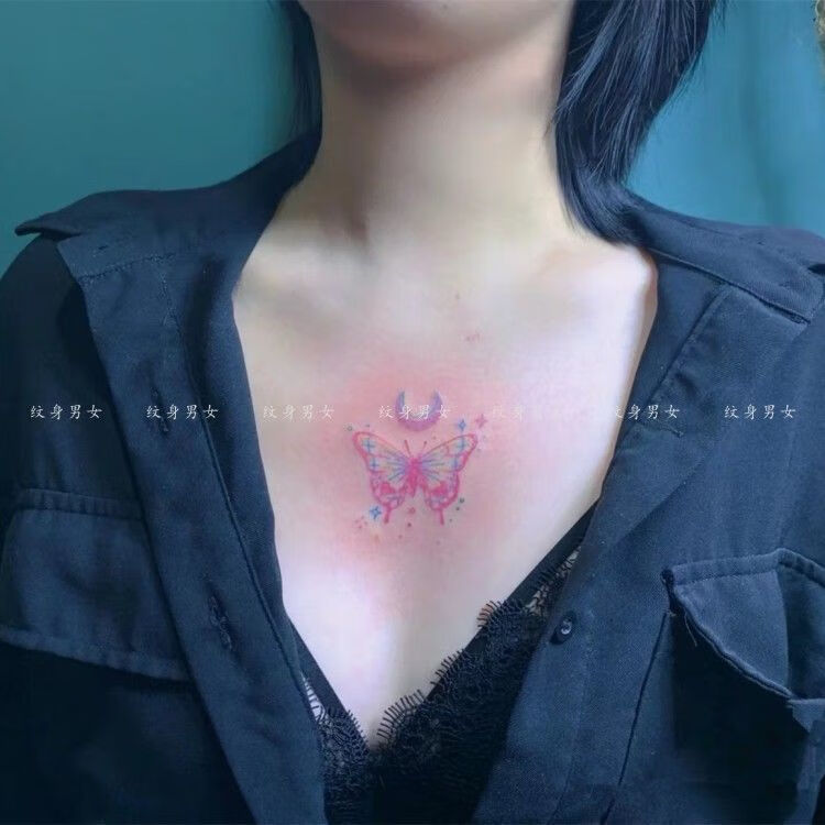 几何粉色月亮简约线条少女蝴蝶纹身贴防水性感胸口逼真刺青花臂防汗