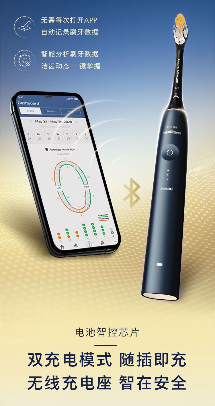 飞利浦电动牙刷hx9996智能声波震动情侣成人电动牙刷 hx9996 6支刷头