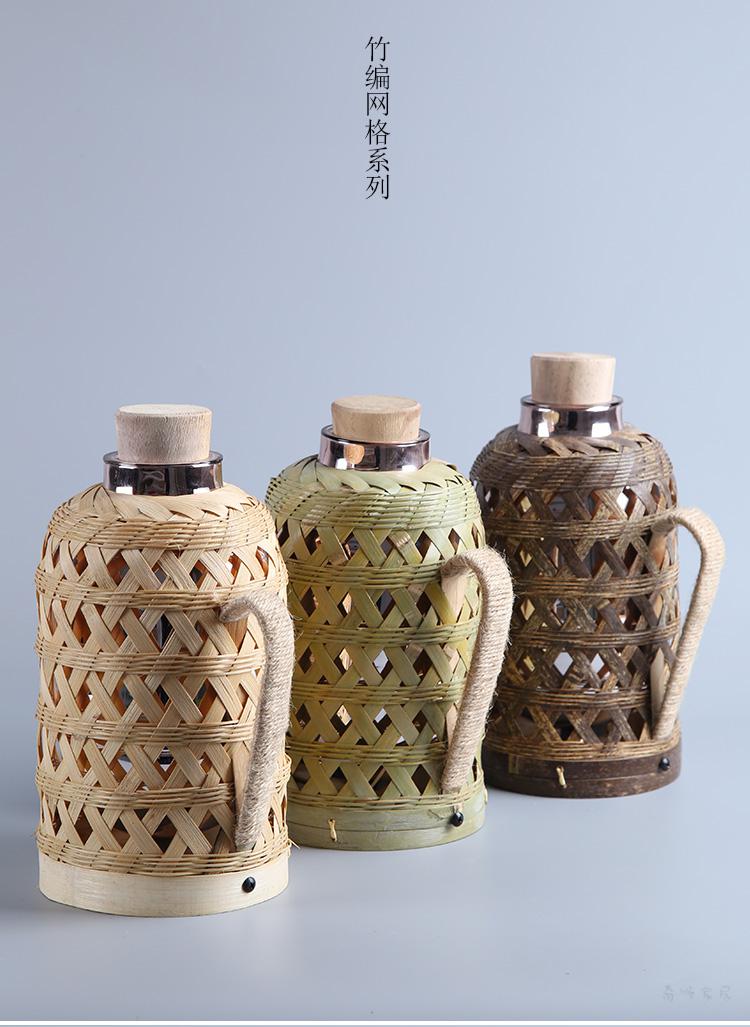 保温壶家用玻璃内胆 茶瓶家用竹编热水壶不锈钢 乳白色 竹黄1.