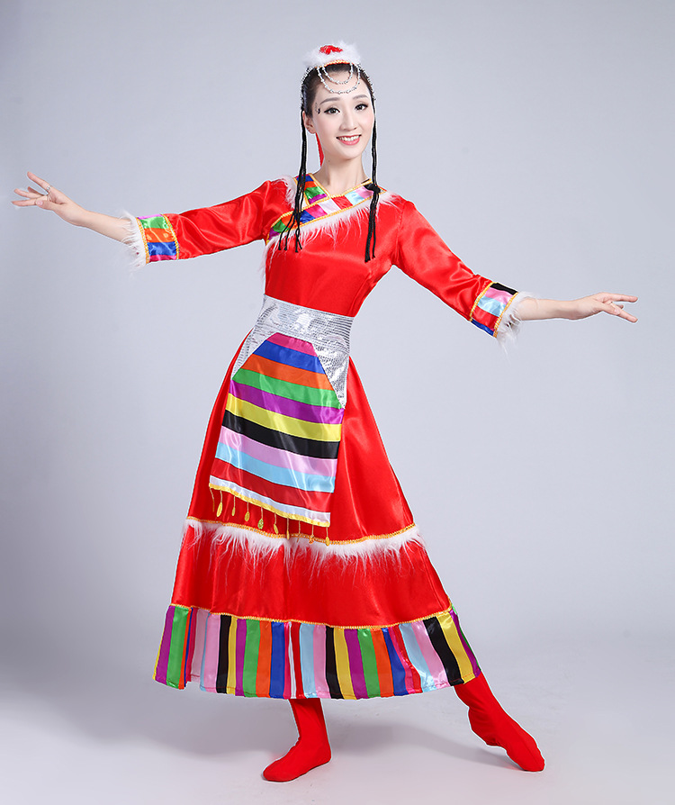 藏族舞蹈演出服装女少数民族水袖服饰成人广场舞表演衣服 大红色 水袖